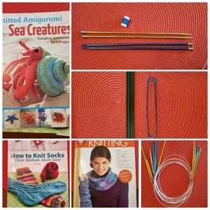 Knitting books DVD and various needlles bundle with yarn